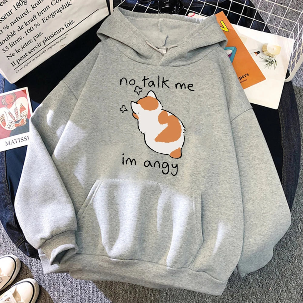 No Talk Me Cute Angry Cat Print Women Hoody Hip Hop Soft Sweatshirt