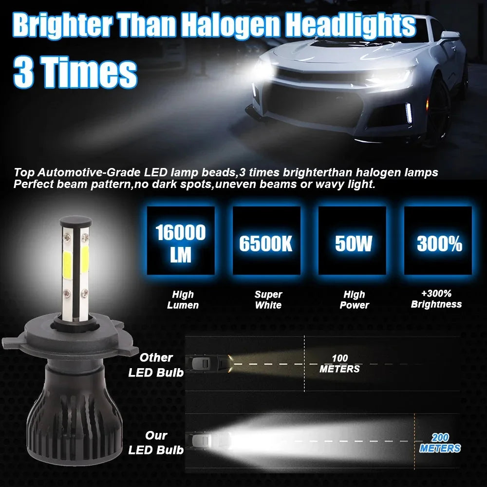 2PCS 4 Sides LED Headlights For Car H11 H4 H7 9005 9006 9012 H3 H1 H8