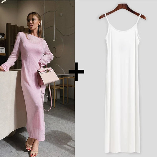 Spring Autumn O-Neck Elastic Knit Long Dresses Women 2024 Elegant Chic