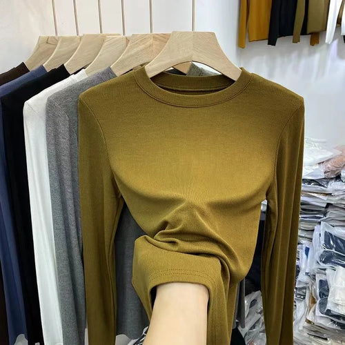 Autumn Office Lady Basic O-Neck Slim T-Shirt Women Solid Multi Color