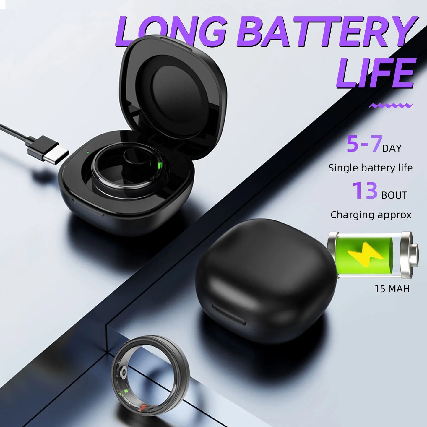 EIGIIS New Smart Ring Men Women, Heart Rate and Blood Oxygen Monitor,