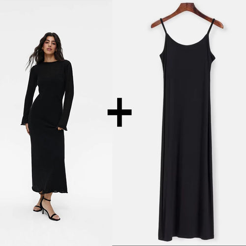 Spring Autumn O-Neck Elastic Knit Long Dresses Women 2024 Elegant Chic