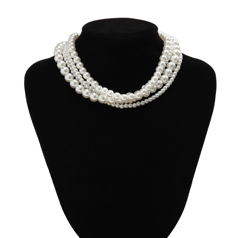 Elegant Imitation White Pearl Multi-layer Long Black Ribbon Choker