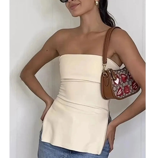 Women's Strapless Tube Corset Side Zipper Tops Solid Vintage Off