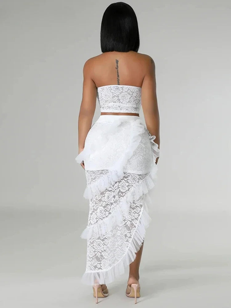 Sexy Two 2 Piece Sets Night Club Outfits for Women White Lace See