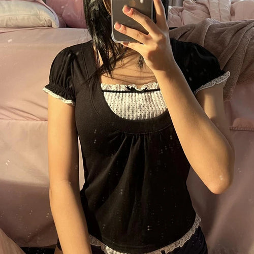 Korean Kawaii Patchwork Women T-shirt Y2K Aesthetic Vintage Milkmaid