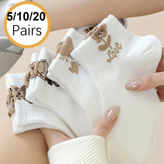 5/10/20 Pairs Women Cartoon Teddy Bear Patterned Ankle Socks Versatile