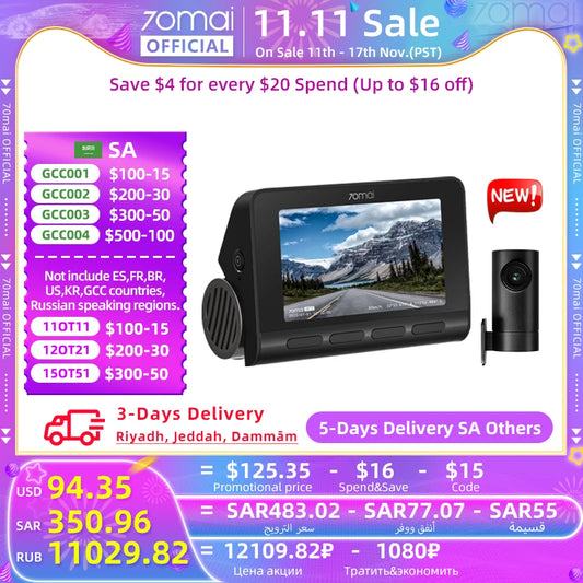 Global 70mai Dash Cam A810 Ultra HD 4K Built-in GPS ADAS Auto Record