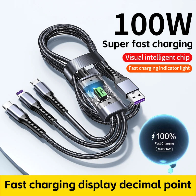 100w 3 In 1 Transparent Fast Charging Cable Type C Usb Micro For