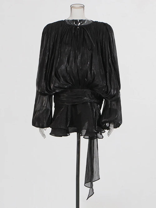 TWOTWINSTYLE Solid Blouse Mini Dresses For Women V Neck Long Sleeve