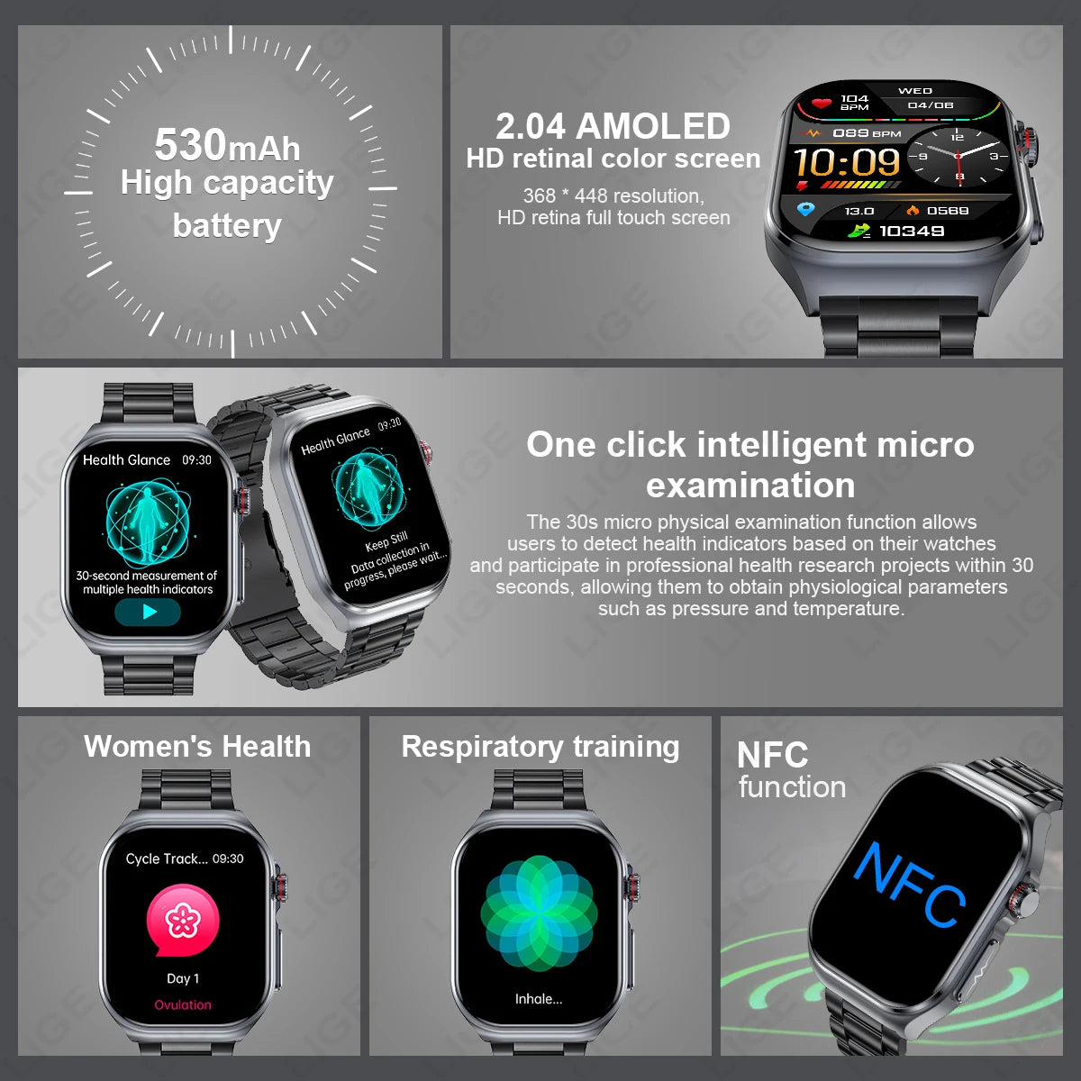 LIGE AMOLED Smart Watch ET585 Men ECG Blood Compositoin Health