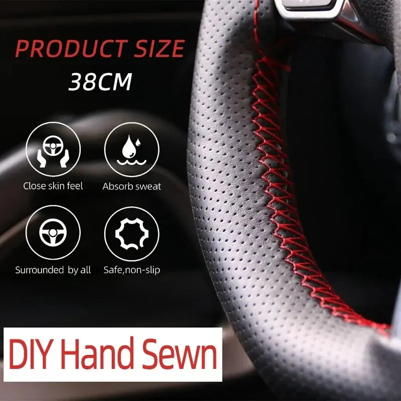 Universal Leather Car Steering Wheel Stitch On Wrap Cover Fit for 38cm