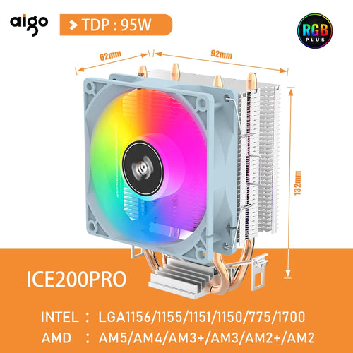Aigo CPU Cooler 2 4 Heat Pipes PC Radiator Cooling 3PIN PWM Silent Rgb