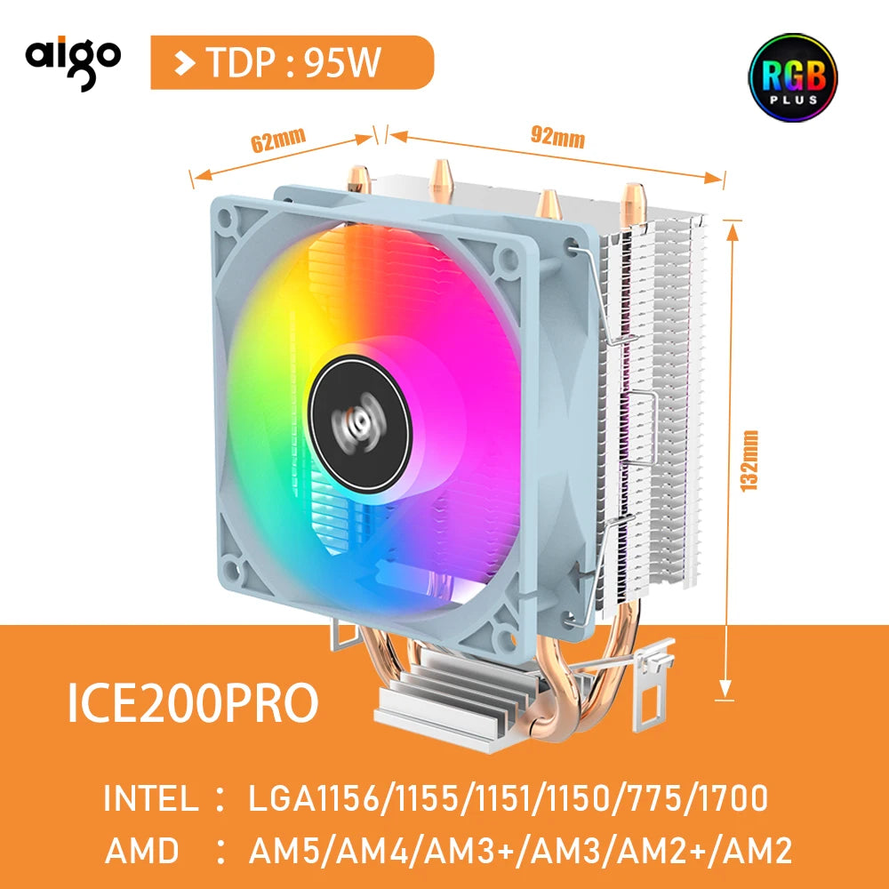 Aigo CPU Cooler 2 4 Heat Pipes PC Radiator Cooling 3PIN PWM Silent Rgb