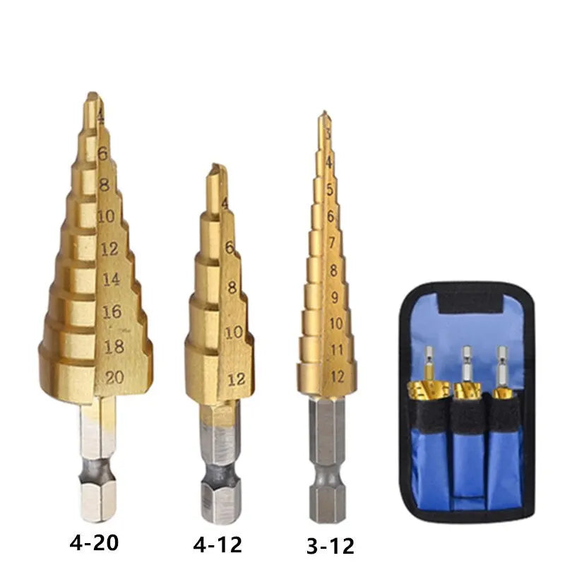 3-12 4 -12 4-20MM HSS Straight Fluted Pagoda Step Drill 3Pcs Cloth Bag