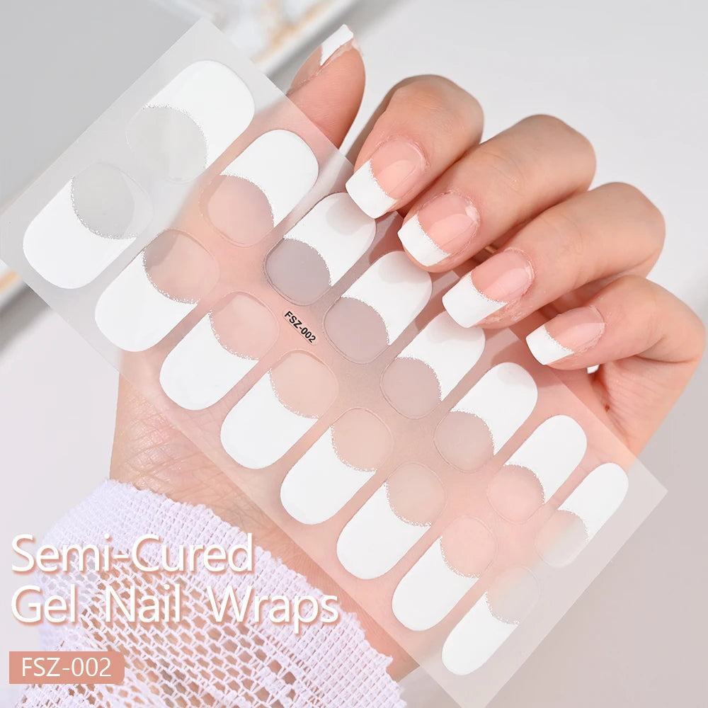 French UV Semi-Cured Gel Nail Wraps Sticker 16Strips Long Lasting Full