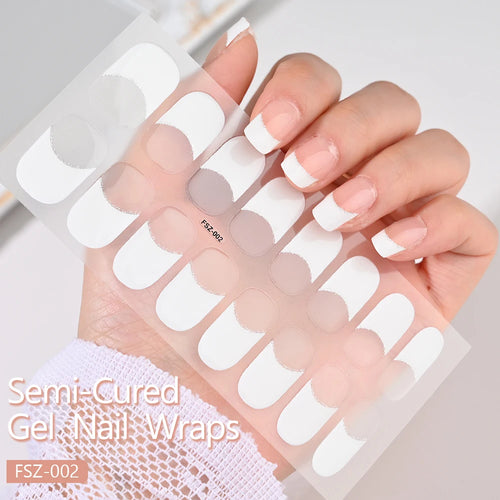French UV Semi-Cured Gel Nail Wraps Sticker 16Strips Long Lasting Full