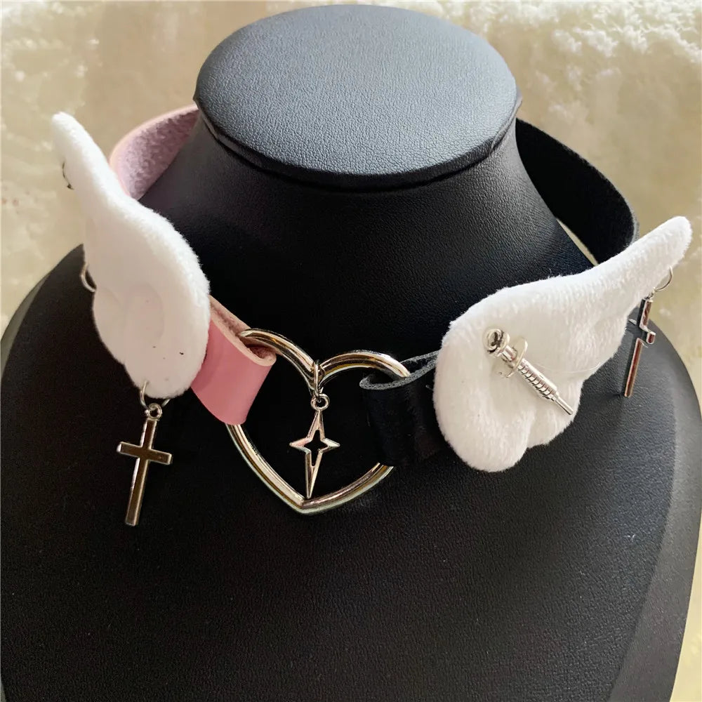 Grunge Jewelry Pink Wings Cross Choker Cosplay Sexy Accessory Harajuku