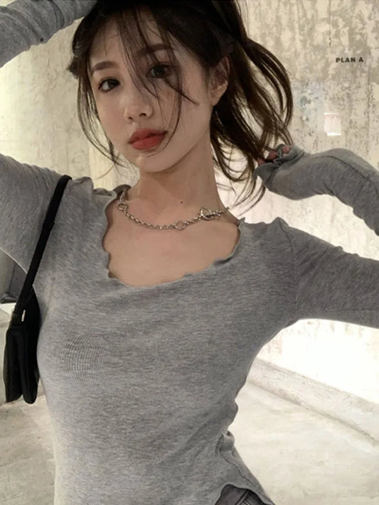 Long Sleeve T-shirts Women Fungus Line Irregular Hem Knitted Slender