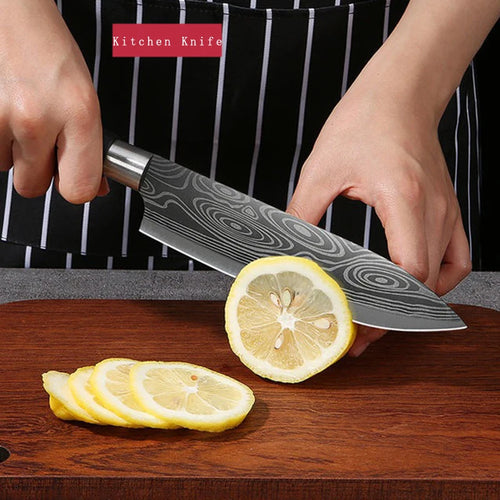 Laser Damascus Pattern Utility Kitchen Knives Scissors Sharpening Rod
