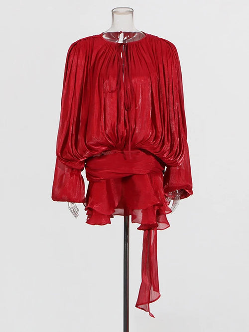 TWOTWINSTYLE Solid Blouse Mini Dresses For Women V Neck Long Sleeve