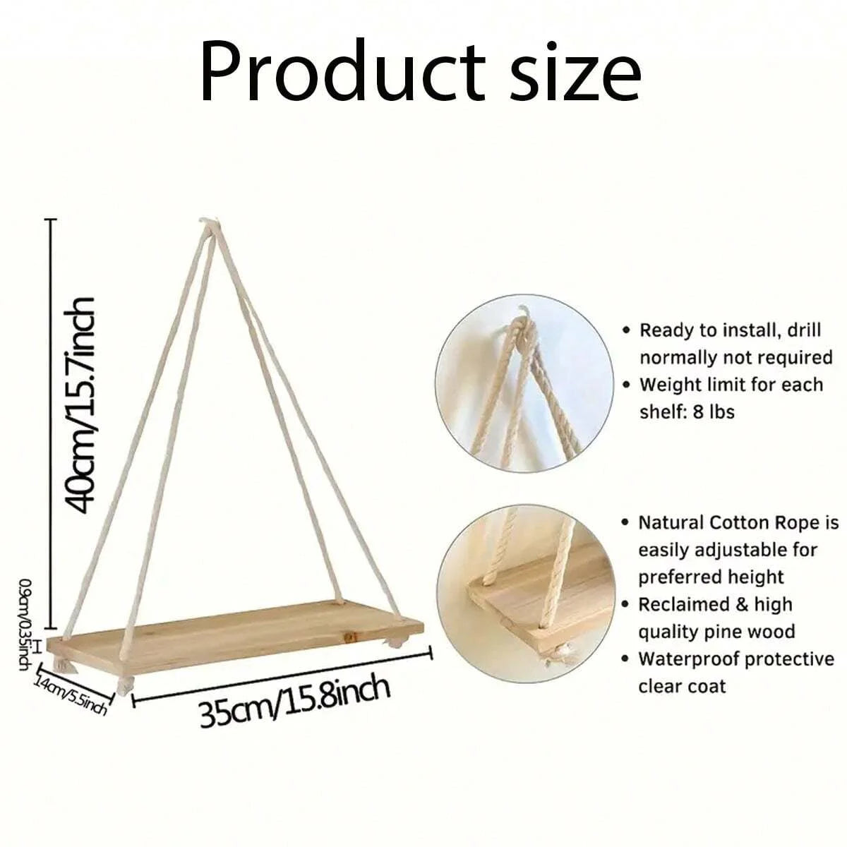 1PC Wooden Swing Hanging Hemp Rope Wall Shelve Mounted Floating Home