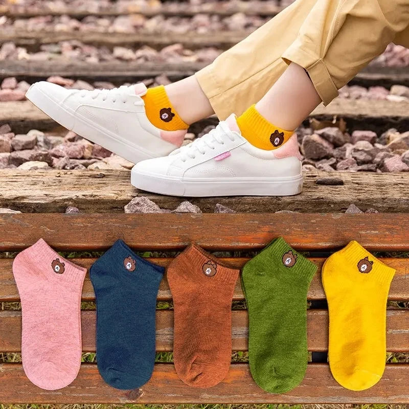10 Pairs Women Low Socks Set With Cute Bear Pattern Fashionable Women