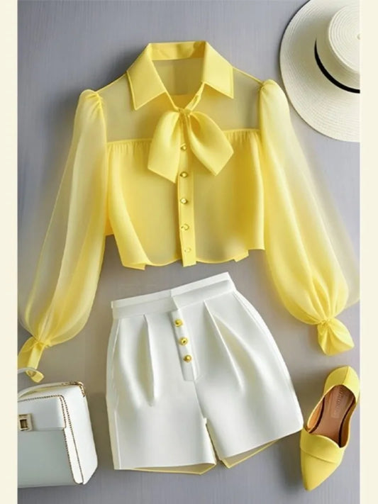 Chiffon Yellow Lapel Neck Perspective Top OL Shirt White Casual Pants