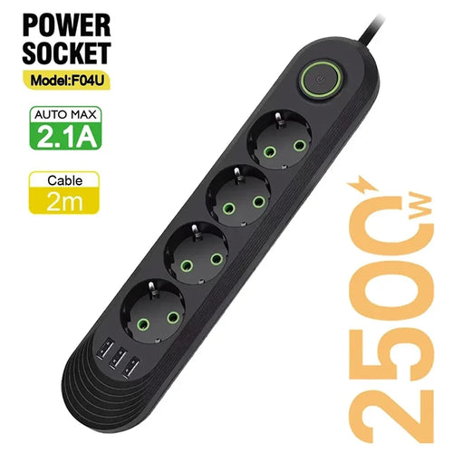2500W EU Plug AC Outlet Multiprise Power Strip 2M Extension Cord
