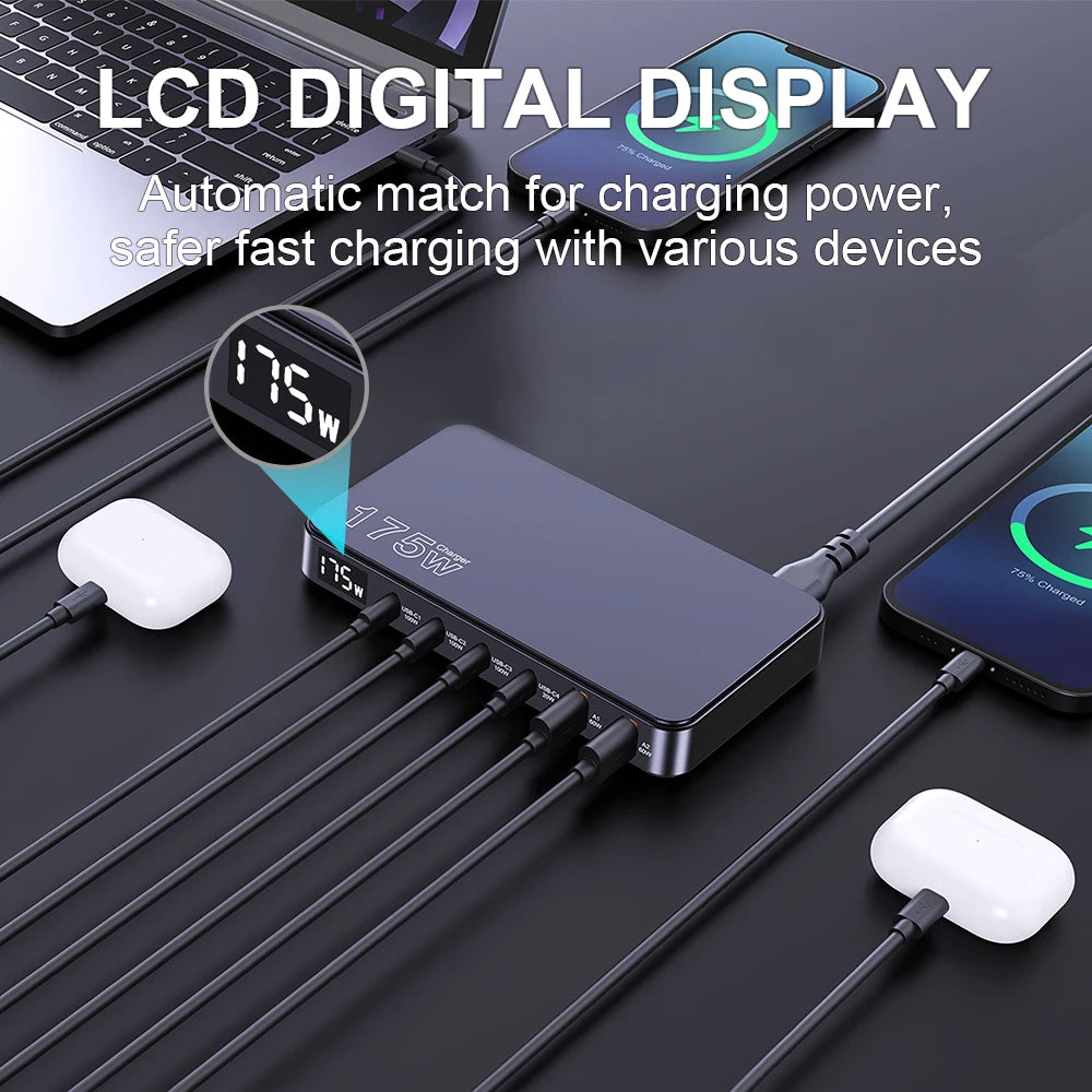 Ueetop 175W GaN USB C Charger LED Display 6-Port Desktop Charger Type