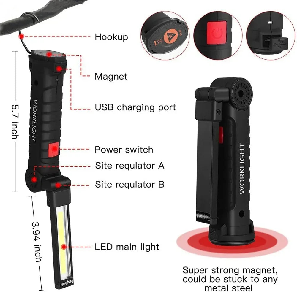 New Portable COB LED Flashlight USB Rechargeable Work Light Magnetic