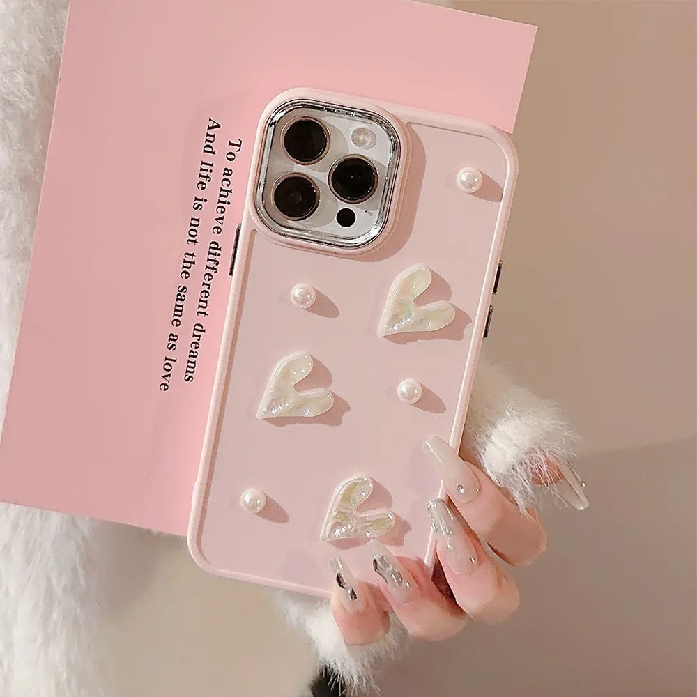 3D Cute Flower Pearl Heart Phone Case for iPhone 16 15 14 13 12 11 Pro