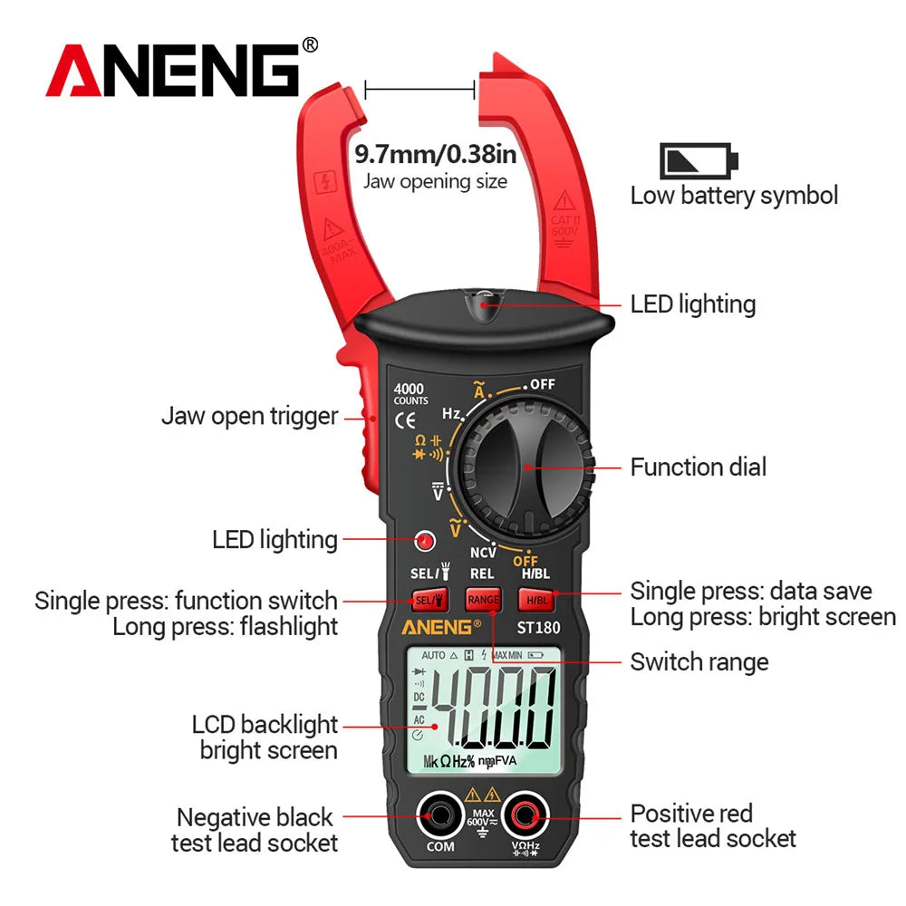 ANENG ST180  Digital Clamp Meter 4000 Counts AC Current  Ammeter