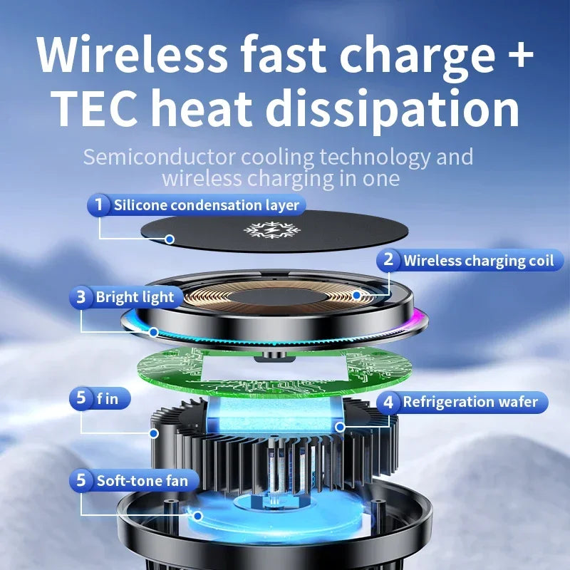 30W ice Cooling Magnetic Wireless Car Charger for iPhone15 14 13 12