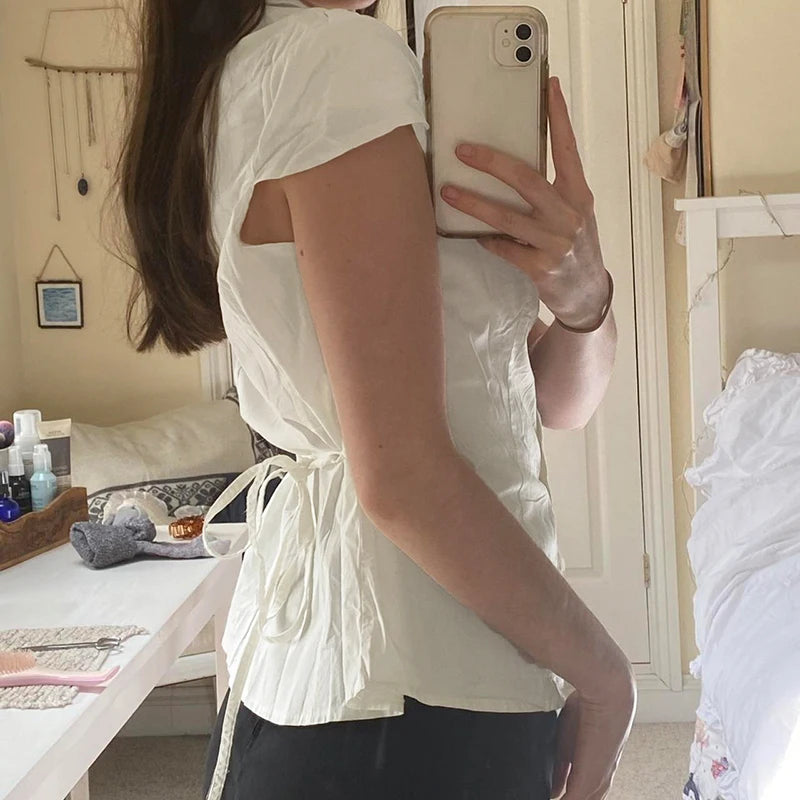 CIBBAR Vintage Folds Crop Top White Button Up Short Sleeve Blouse