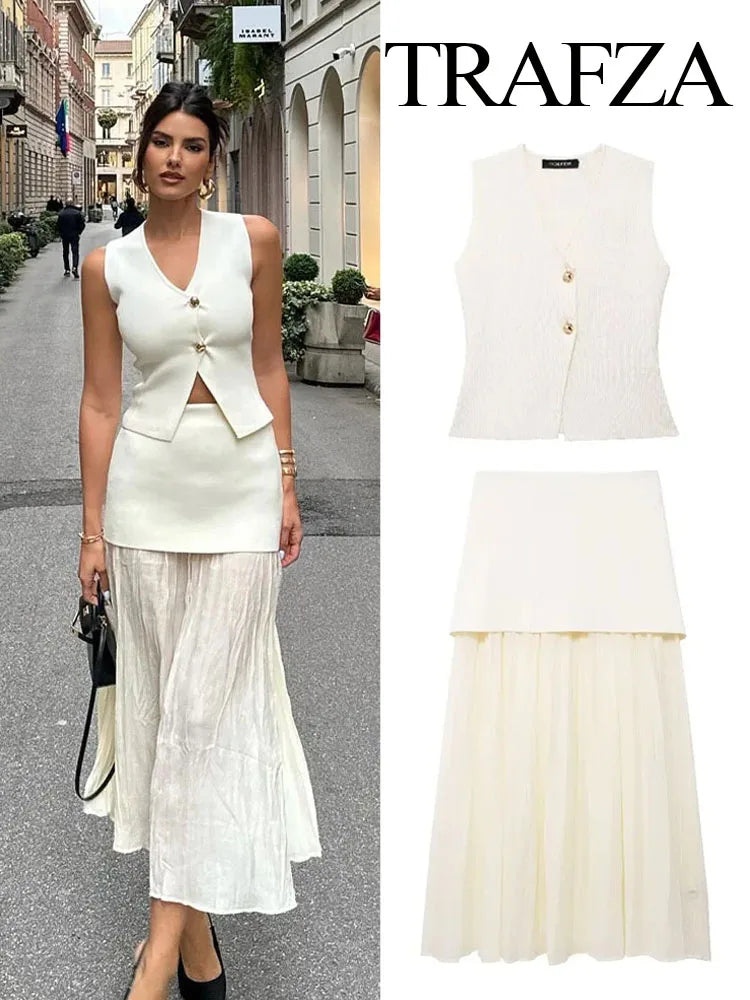 TRAFZA Women 2 Piece Set Chic V-Neck Sleeveless Button Knitted Vest