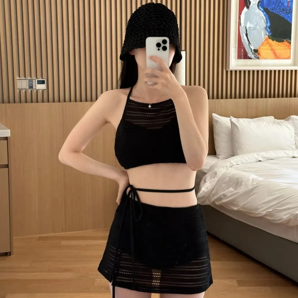 New Two Pieces Set Swimsuit Women White Swimwear Sexy High Neck Bikini