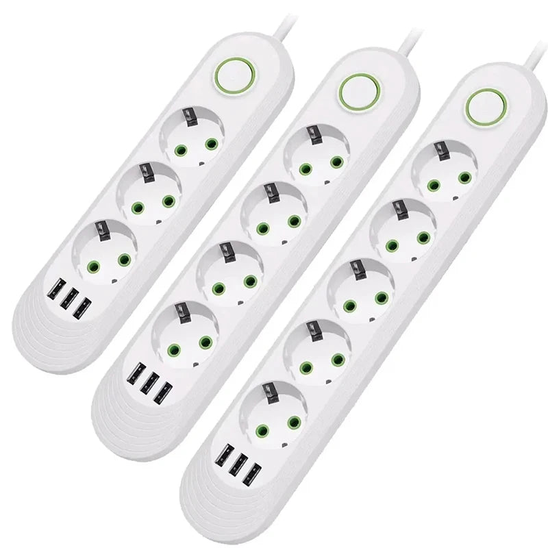 2500W EU Plug AC Outlet Multiprise Power Strip 2M Extension Cord