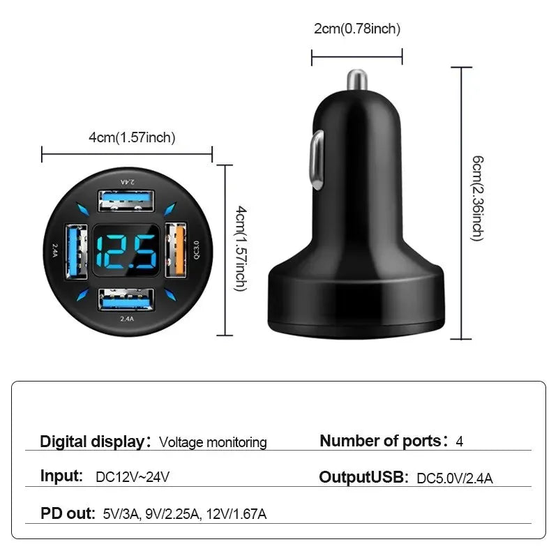 4 Ports USB Car Charger Fast Charging PD Quick Charge 3.0 USB C Car