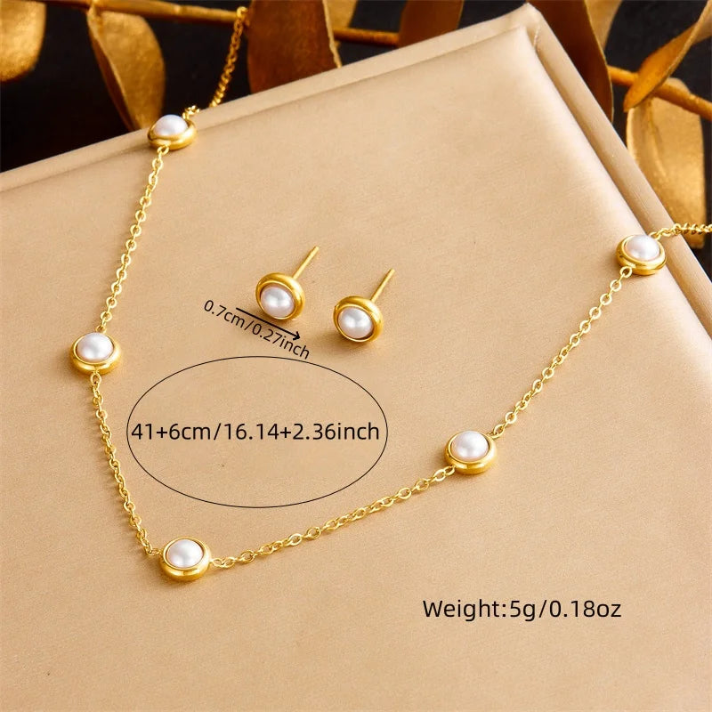 DIEYURO 316L Stainless Steel Round White Pearl Necklace Bracelet