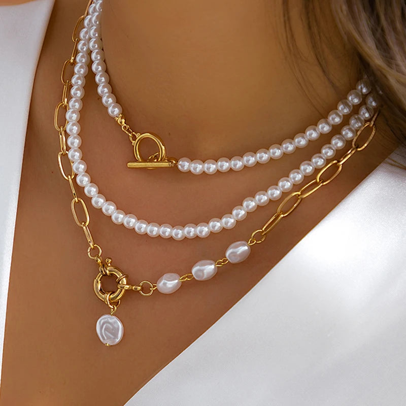 Elegant Pearl Multi-layer Necklace Minimalism Beads Gold Color Choker