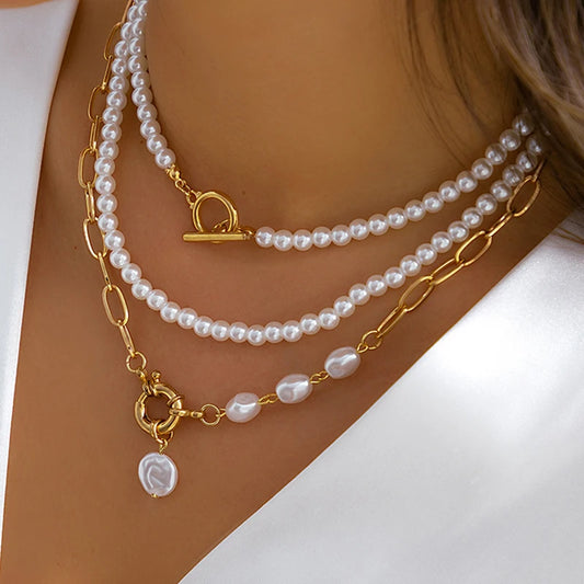 Elegant Pearl Multi-layer Necklace Minimalism Beads Gold Color Choker