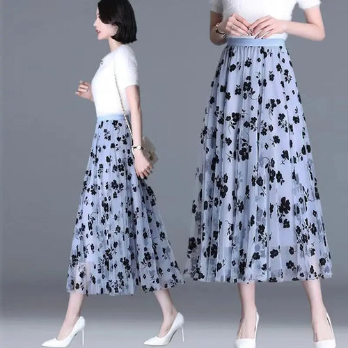 Korean Women Tulle Skirt Fashion Summer Hook Floral Loose Midi Skirt