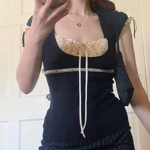 Korean Kawaii Patchwork Women T-shirt Y2K Aesthetic Vintage Milkmaid