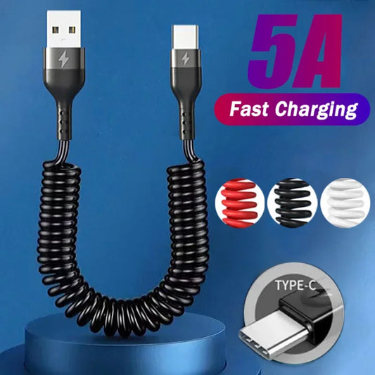 5A Type C Data Cable Spring Telescopic Fast Charging Cord Car USB C