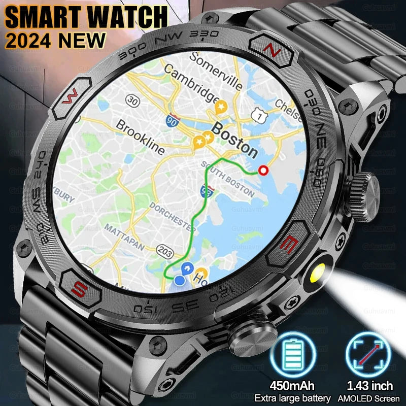 2024 New Outdoor Military GPS Truck Smart Watch Men AMOLED HD Screen