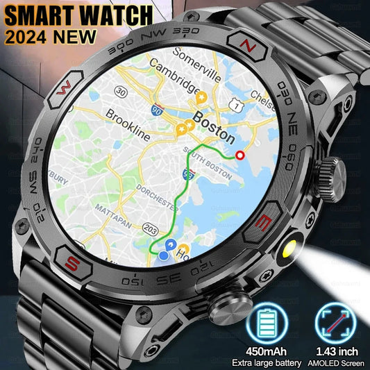 2024 New Outdoor Military GPS Truck Smart Watch Men AMOLED HD Screen
