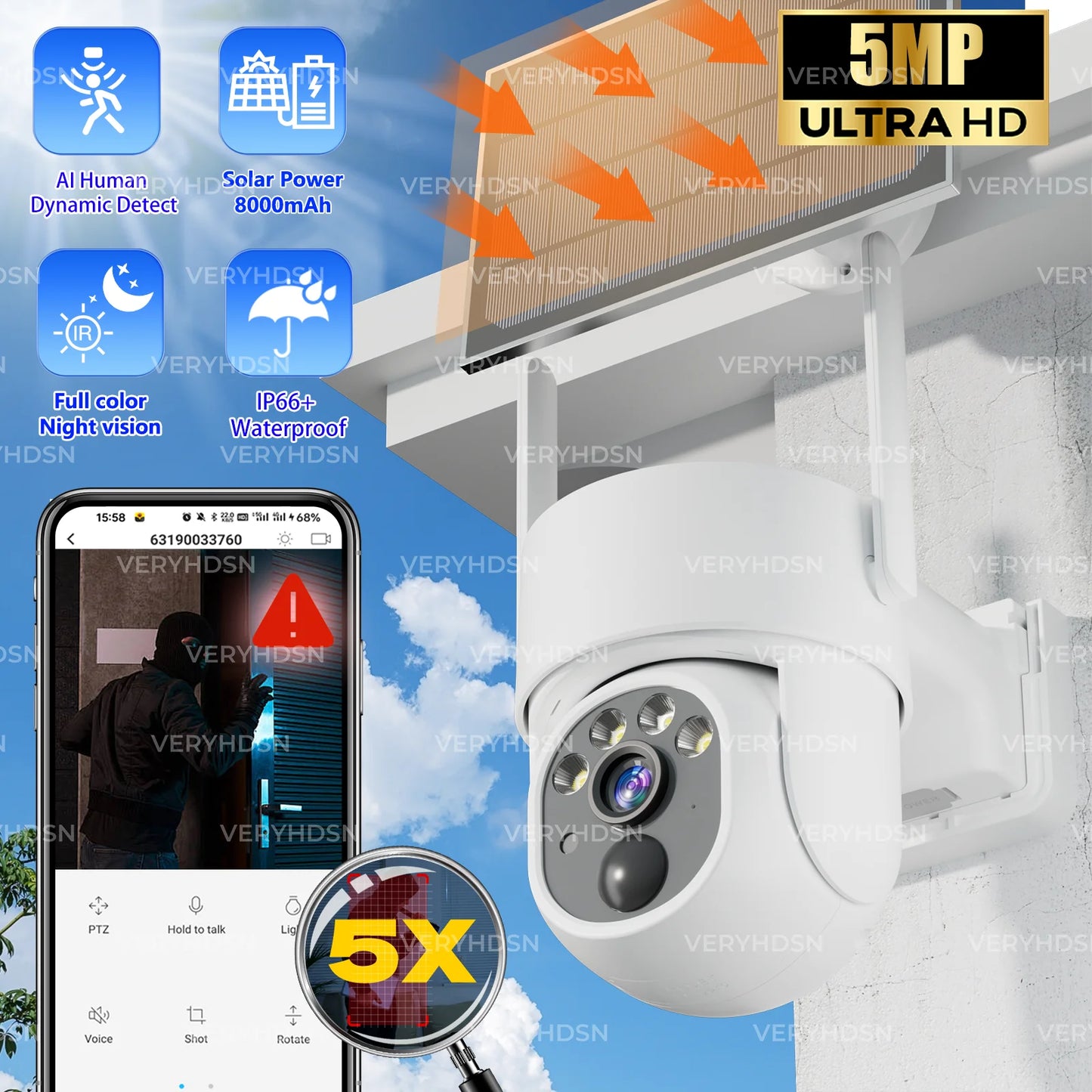 5MP PTZ Solar Power IP WiFi Camera Zoom 8000mAh Builtin Battery