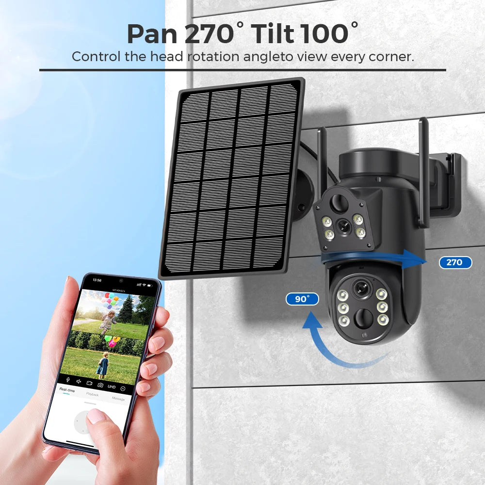 4k 8MP WIFI Solar Camera With 7800 mAh Battery Dual Lens Wireless PTZ