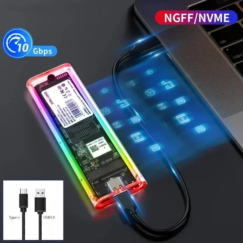 RGB M2 SSD Case M.2 NVME SSD Enclosure M.2 to USB C Transparent Hard